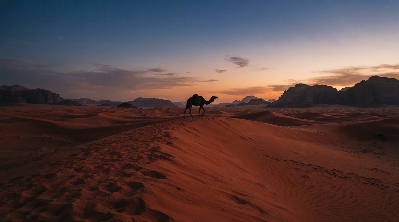 A lone camel silhouette walking across the desert